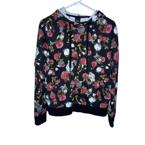 Hot Topic Disney Beauty And The Beast Floral Objects Hoodie Side Pockets Size XS - Picture 1 of 11